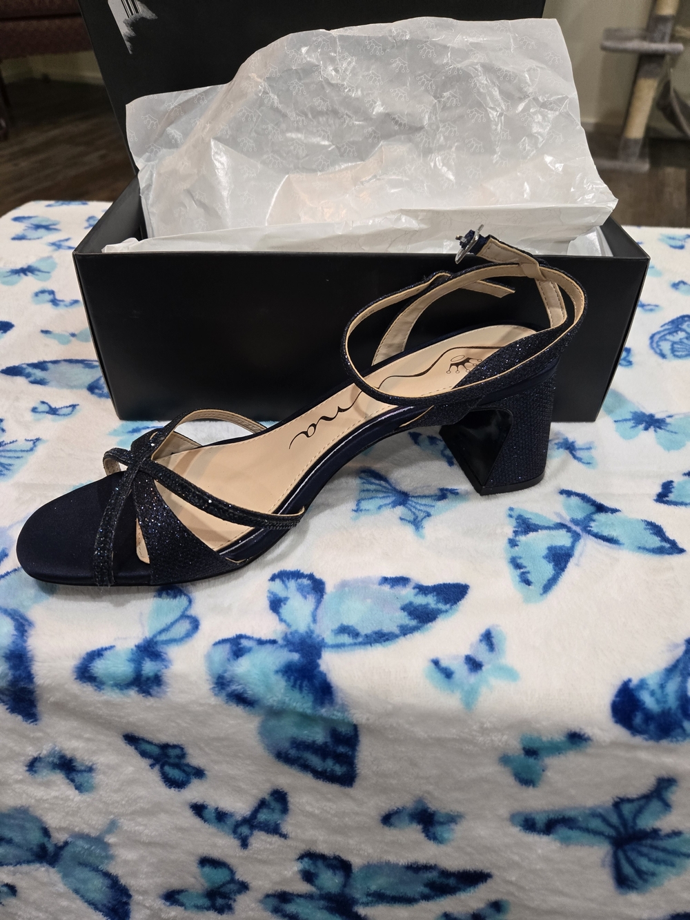 Nina Sparkle Navy Block Heel Sandals with Ankle Strap